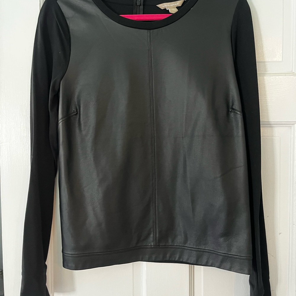 Banana Republic Black Faux Leather Long Sleeve Blouse